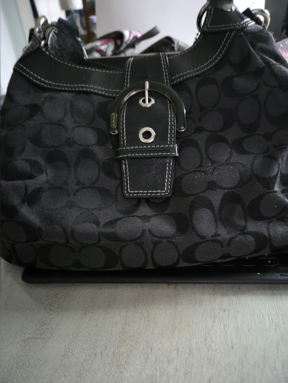 Coach Black Signature Canvas Shoulder Hobo with Buckle Accent